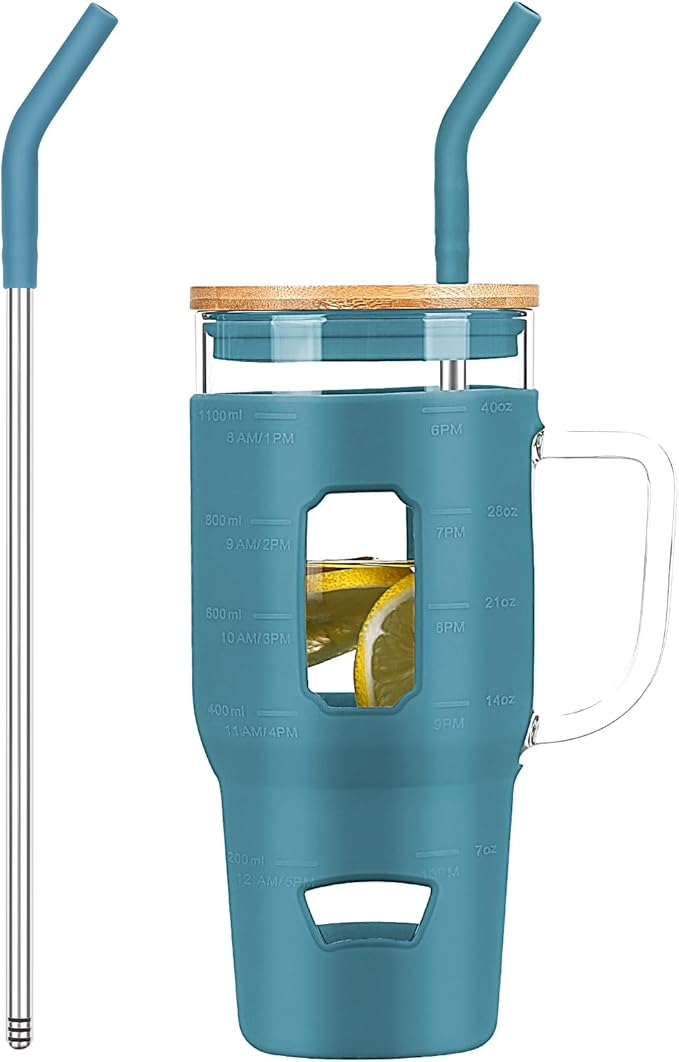 Glass Cups with Handle and Bamboo Lids - 40oz Tumbler with Stainless Steel Straw | Glass Water Bottle with Silicone Sleeve for Coffee, Smoothi, Hot, Cold Drinks for Travel/Office/Home (Dark Blue)