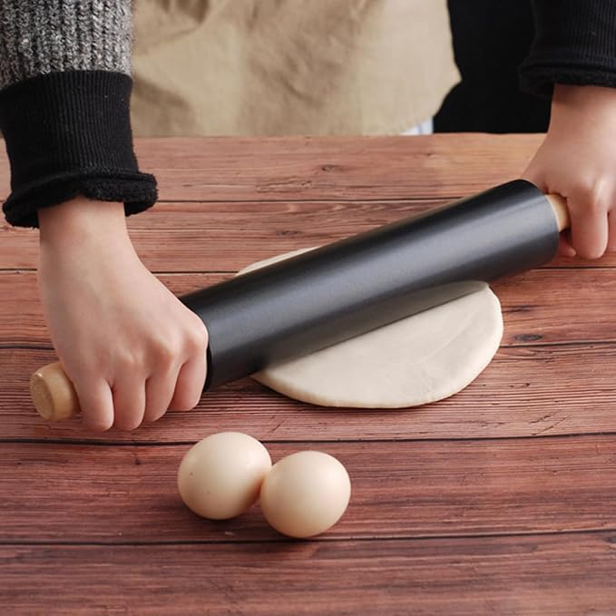Black Smooth Surface Dough Rolling Pin Non-stick Wooden and Alloy Baking Tool for Kitchen Use and Bread Making - Image 8