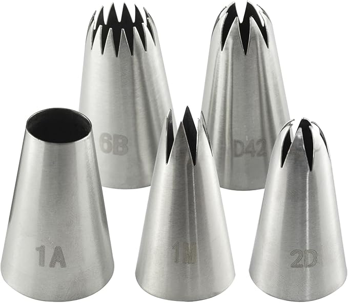 5 PCS Cake Piping Tips Set, Cake Decorating Tips for Buttercream, Icing, DIY Cupcake Baking (1M, 2D, 1A, 6B, D42)