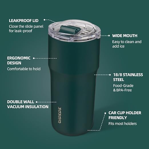 BJPKPK 20oz Spill Proof Coffee Tumbler, Insulated Stainless Steel Cup | Double Wall Vacuum, Leakproof Lid, Keeps Hot/Cold/Iced, BPA Free, Dishwasher Safe, Cupholder, Travel, Dark Green - Image 2