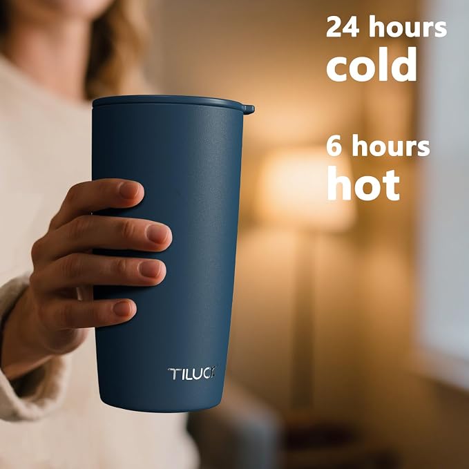 TILUCK 20 oz Insulated Coffee Tumbler with BPA-Free Lid | Travel Coffee Mug, Dishwasher Safe, Cup Holder Friendly, Double-Wall Vacuum Insulation for Hot & Cold Drinks, Matte DarkBlue - Image 3