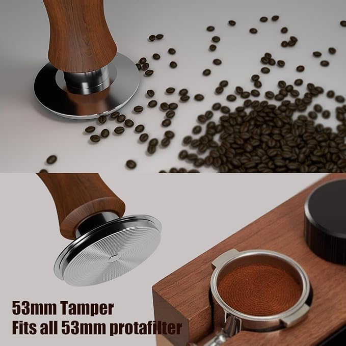KYONANO 53.3mm Espresso Tamper, 30lb Spring-Loaded Calibrated Coffee Tamper, 304 Stainless Steel, Cuibourtia Wooden-Handle, Barista Tamper Suit for Over 53MM Espresso Portafilter