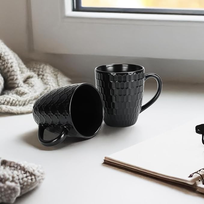 16 OZ Bone Coffee Mugs Set of 6 Matte Black | Large Ceramic Coffee Mugs Set with Different Texture Patterns, Porcelain Cups with Handle for Espresso Latte Tea Milk - Image 3