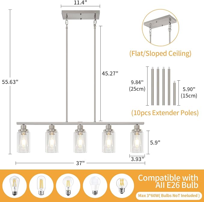 Brushed Nickel Linear Chandelier Over Table, Dining Room Light Fixtures | 5-Light Kitchen Island Lighting, 37'' Modern Island Lights for Kitchen with Clear Glass Shade, Adjustable Height - Image 4