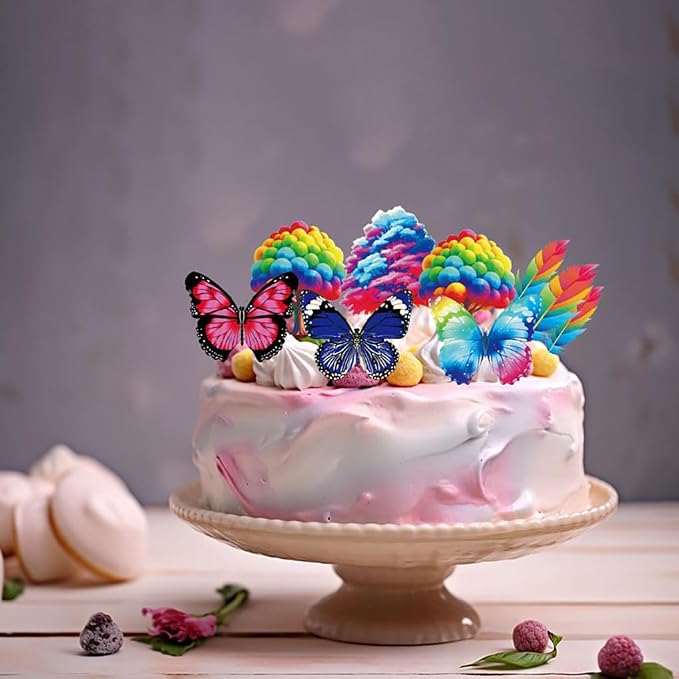 Edible Feather Butterfly Bird Bee Tree Sun Cloud Cupcake Toppers 62pcs Colorful Wafer Paper Cake Decorations for Kids Birthday, Baby Shower, Spring Party Celebration (Feather Butterfly Set) - Image 4