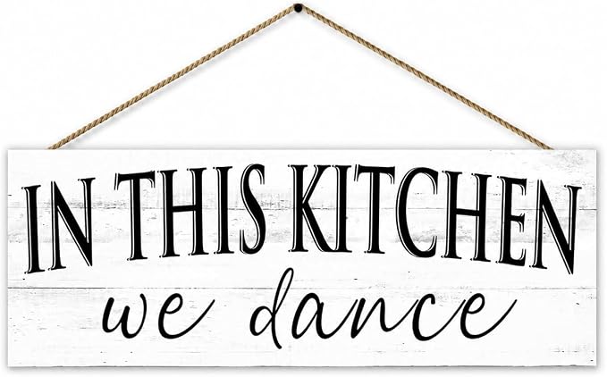 Farmhouse Themed Kitchen Signs: Rustic Kitchen Decor Canvas Print Decoration with Funny Quotes "In this Kitchen, we dance" - Vintage Decorative Wall Plaque for Home 6" x 14.5" by 1KINGO