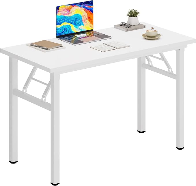 DlandHome 31.5 Inch Small Folding Computer Desk for Home Office, White | Foldable Writing Table for Small Spaces Bedroom, No Assembly Required, Wood Top Metal Frame, Collapsible Compact Easy Storage by DlandHome