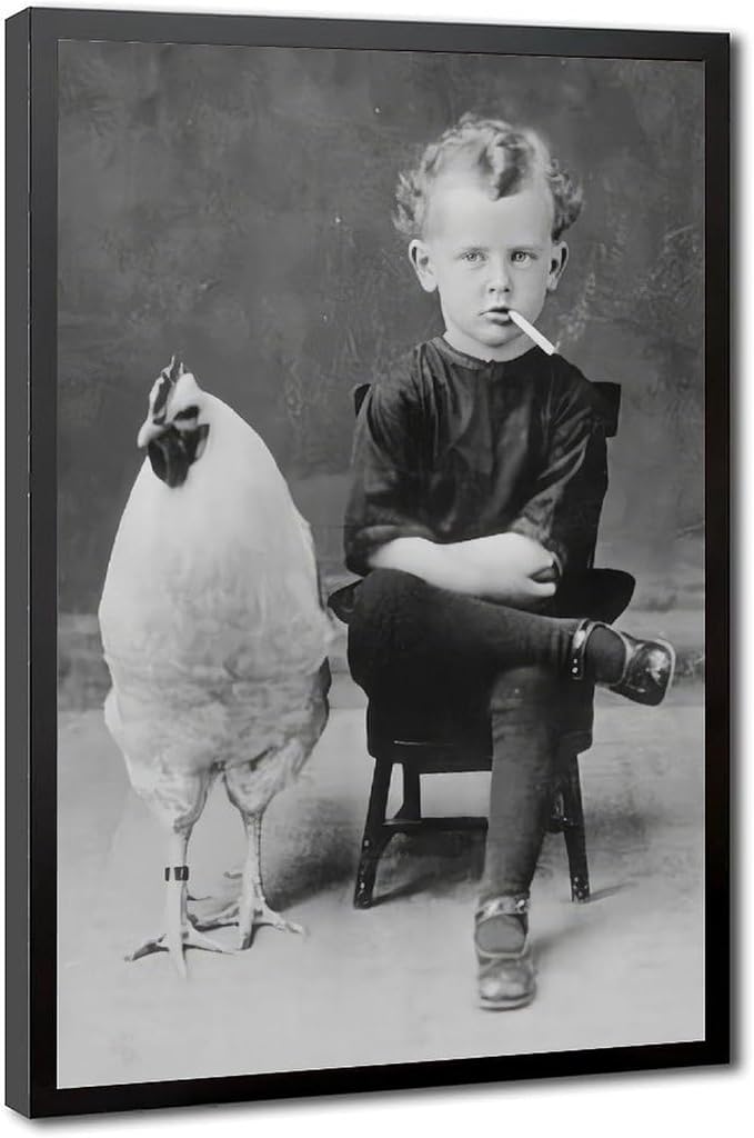 UXCBIA Smoking Boy And Chicken, Black And White, Vintage Oddities Poster Canvas Poster Wall Art Decor Print Picture Paintings for Living Room Bedroom Decoration Black Frame 12x18in(30x45cm) by Unknown