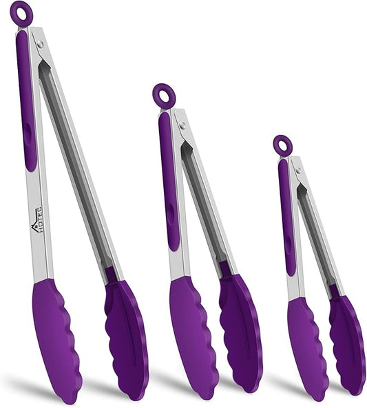 HOTEC Premium Stainless Steel Locking Kitchen Tongs with Silicon Tips, Set of 3-7", 9" and 12" (Purple) by Hotec