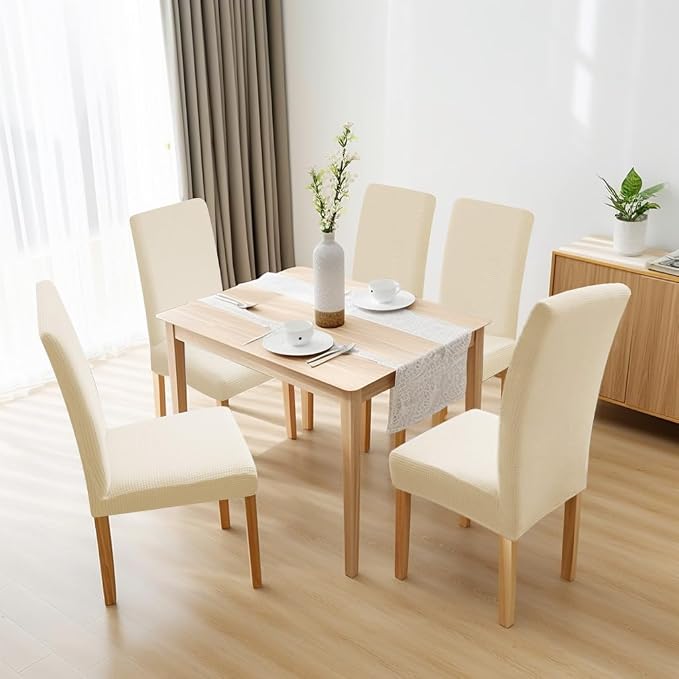 Dining Room Chair Covers,Chair Covers Set of 6, Soft And Stretchy,Cat Scratch Protection, Jacquard Fabric, Cream White, Regular Size, Dining Chair Cover Banquet Wedding, Kitchen, Hotel, Celebration - Image 8