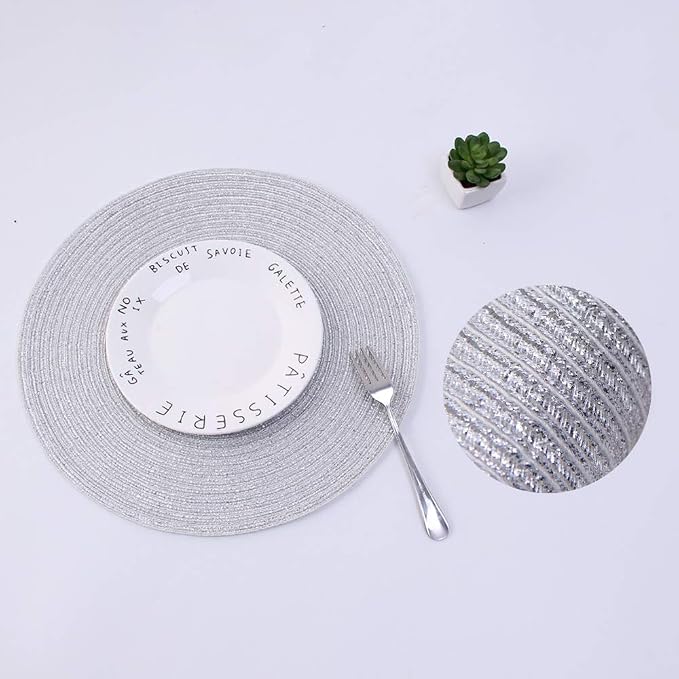 SHACOS Silver Glitter Round Placemats Set of 6 Sparkle Bling Place Mats Glitz Table Mats for Holiday Home Party Wedding Festive Table Decoration (6, Silver) - Image 4