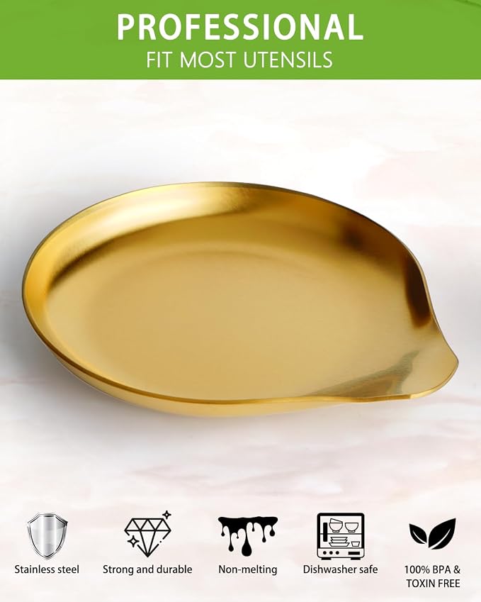 VanlonPro Stainless Steel Spoon Rest, Spatula Ladle Holder, Stainless Steel Utensil Spoon Rest Holder, Brushed Finish, Dishwasher Safe 5.9 x 5.1 Inch (Round Gold 1PC) - Image 3