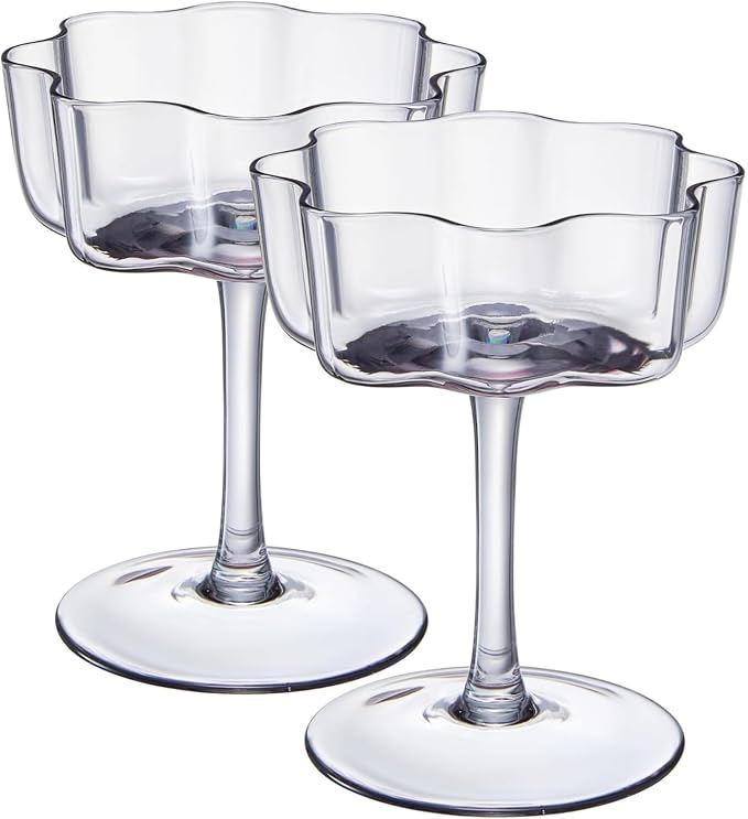 Khen Flower Vintage Wavy Glass Coupes Martini, Champagne & Cocktail Coupes - Set of 2-7oz Colorful Cocktail Glasses & Champagne, Prosecco, Mimosa Glassware Copyright Design - Gray - Image 8