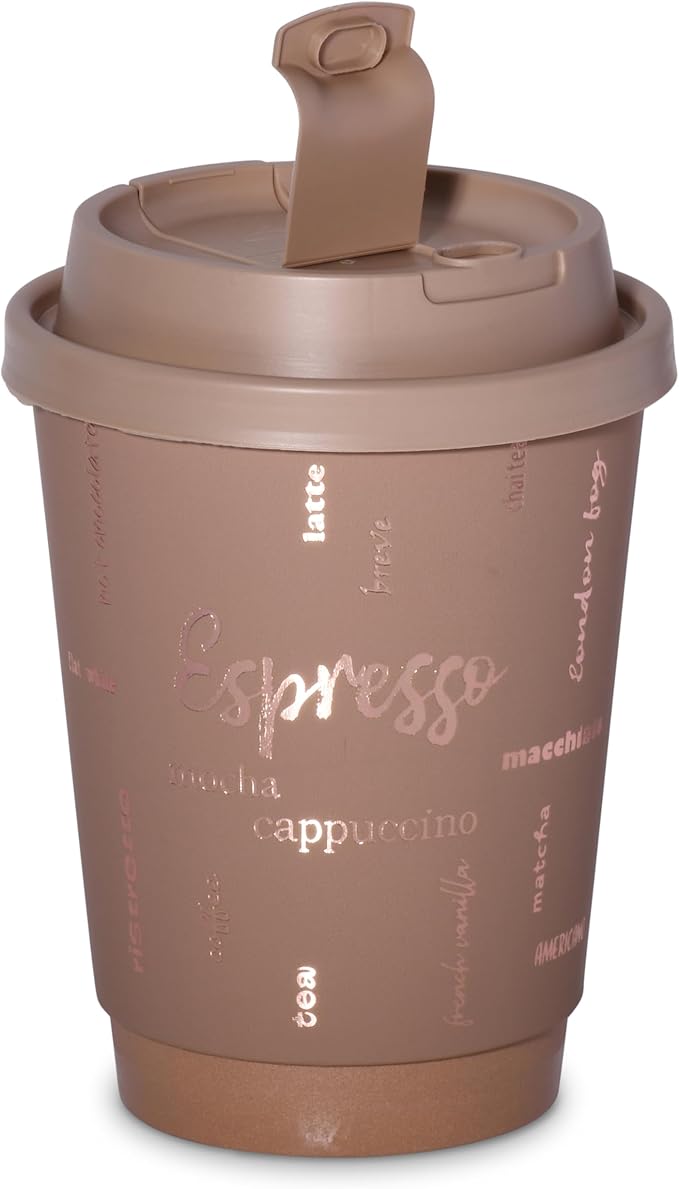 12oz Premium Disposable Coffee Cups, Double-Wall Insulated Paper Cups with Flip-Top Lids, No Sleeves Needed, To-Go Cups for Coffee, Tea, Hot Chocolate, Events, Rose Gold Print (Brown, 60ct)