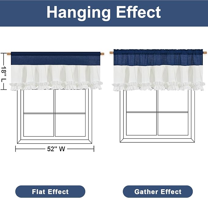 Likiyol Linen Valances for Windows Farmhouse Window Valances with Ruffle Rustic Country Light Filtering Kitchen Valance Curtains Rod Pocket Valance for Bathroom Cafe, Navy Blue White, 52" W X 18" L - Image 2