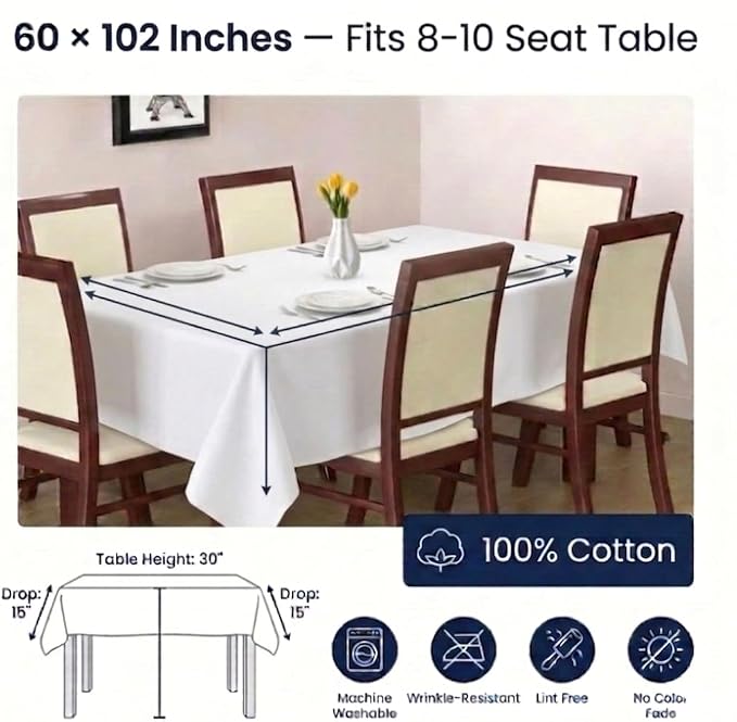Urban Villa Tablecloth Cotton Tabletop 60x102 (8-10 Seats) White - Image 2