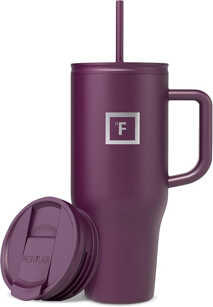 IRON °FLASK 32 oz Co-Pilot Insulated Travel Mug | Insulated Travel Mug with Straw & Flip Cap Lids - Cup Holder Fit, Leakproof, BPA Free (Burgundy) by IronFlask