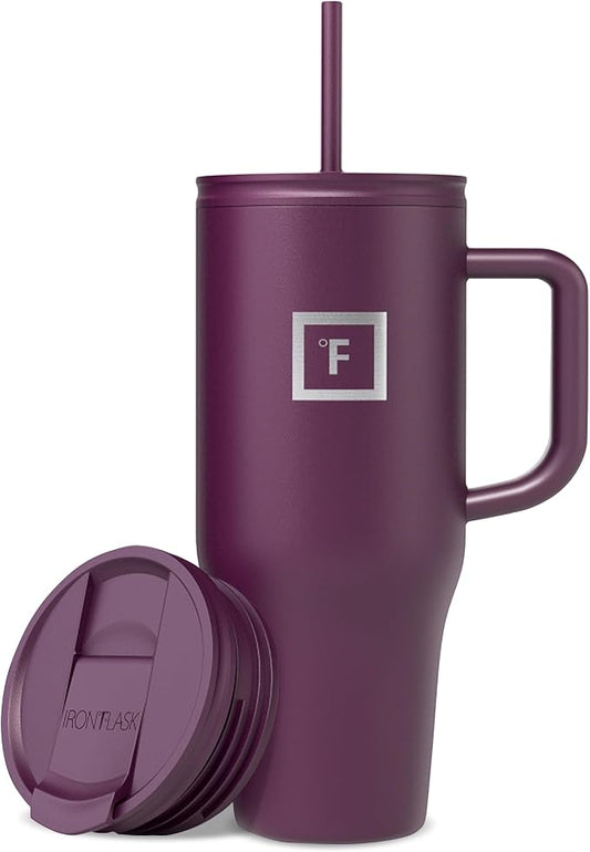 IRON °FLASK 32 oz Co-Pilot Insulated Travel Mug | Insulated Travel Mug with Straw & Flip Cap Lids - Cup Holder Fit, Leakproof, BPA Free (Burgundy) by IronFlask