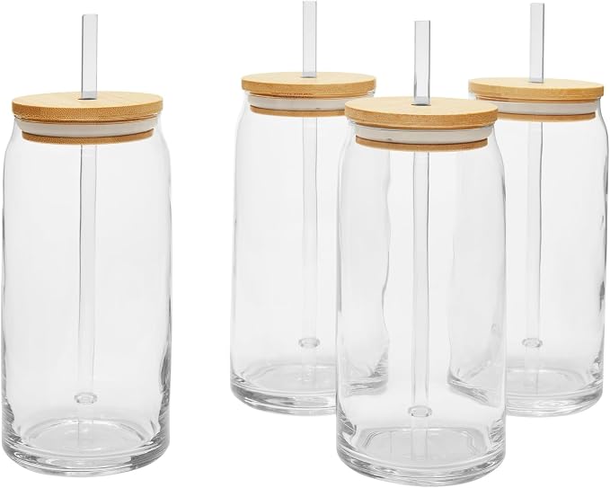 4 Pack Glass Tumbler Cups with Bamboo Lids and Straws, Clear Can Shaped Drinking Glassware Set by Unknown