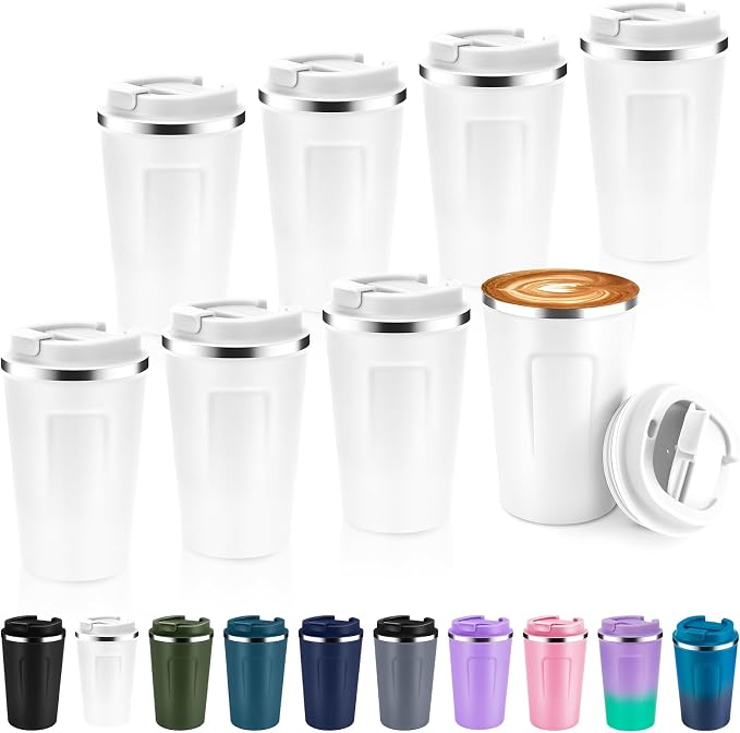 Volhoply 12 oz Double Wall Insulated Vacuum Travel Coffee Mug with Flip Lid Bulk 8 Pack,Reusable Stainless Steel Leak Proof Coffee Cup,Portable Cafe Thermal Tumblers for Hot & Cold Drinks(White,8 Set) by LiveFully%EF%BC%8CDrinkFreely%E2%80%94KeepGoingwithVolhoply%EF%BC%81