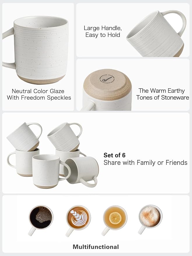 Kanwone Coffee Mugs 16oz, Stoneware Mugs Set, Ceramic Coffee Cups with Handle for Latte, Hot Tea, Cappuccino, Cocoa, Housewarming Wedding Gift, Microwave and Dishwasher Safe, Set of 6, Neutral White - Image 3