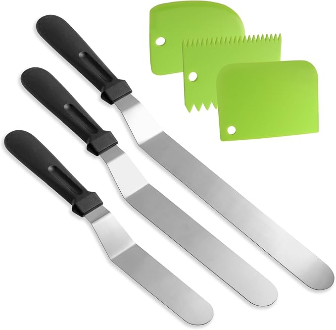 Litoexpe 6 Pack Stainless Steel Icing Spatulas with 3 Green Cake Smoother Scrapers, Angled Cake Spatulas Cake Smoother Scrapers, Frosting Offset Spatula Set for Cake Decorating Baking (6", 8", 10")