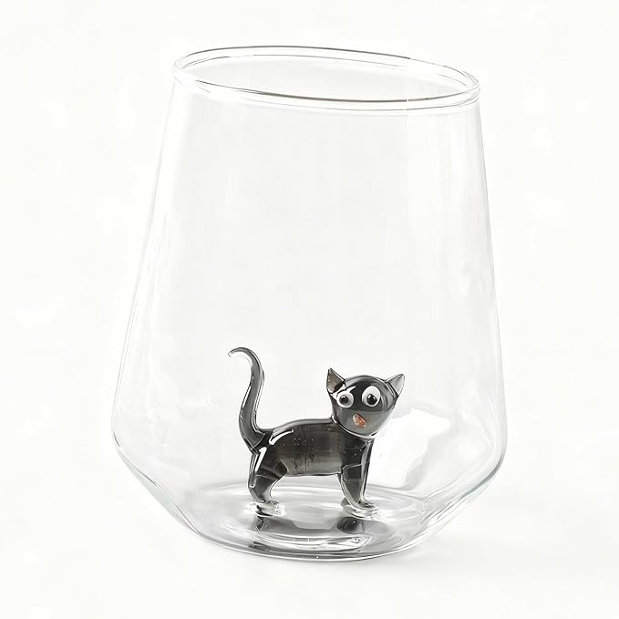 Cat Figurine Glass Cup 3D Animal Artisan Glassware Collection Handmade Cute Wine Cup Meow Garden Crystal Cat Tumbler Gothic Decorations Stemless Wineglass by Unknown
