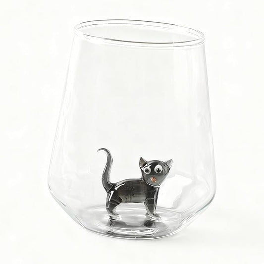 Cat Figurine Glass Cup 3D Animal Artisan Glassware Collection Handmade Cute Wine Cup Meow Garden Crystal Cat Tumbler Gothic Decorations Stemless Wineglass by Unknown