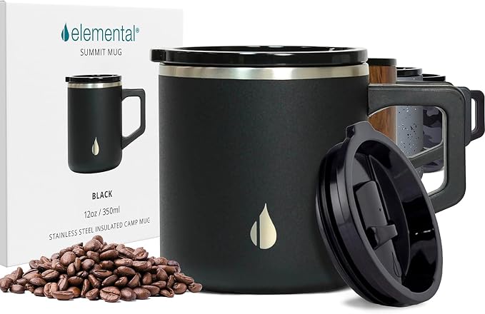 Elemental Insulated Coffee Mug - Triple-Wall Stainless Steel Summit Travel Cup for Hot and Cold Drinks - Thermal Coffee Mug with Lid and Handle for Camping, Office & Travel 12oz - Black - Image 7