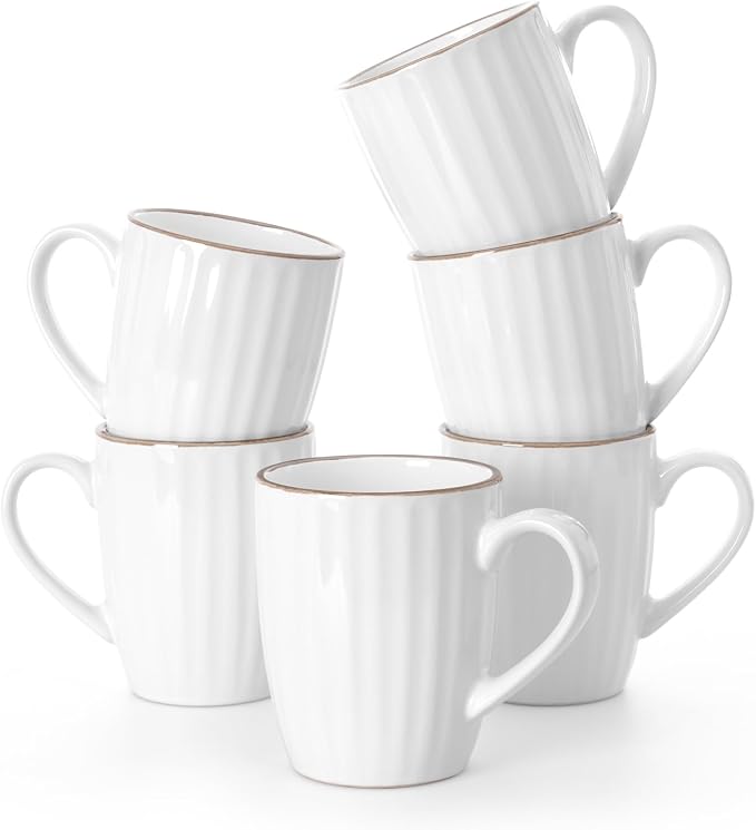 famiware Coffee Mugs Sets for 6, 12 oz Mug Set, Coffee Cups with Handle for Coffee, Tea, Cocoa and Milk, Microwave and Dishwasher Safe, White Stripe by Famiware