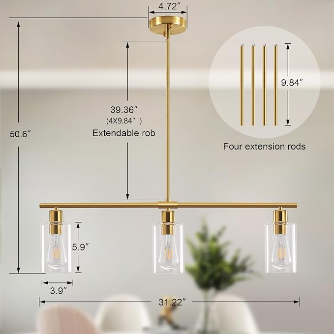 Kitchen Island Lighting, Linear Chandeliers Rectangle Pendant Light Fixtures for Dining Room Farmhouse Hanging Light with Glass Shades (Gold, 3 Lights) - Image 5