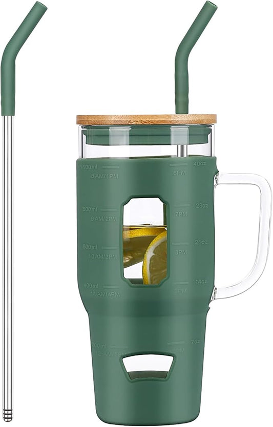 Glass Cups with Handle and Bamboo Lids - 40 oz Tumbler with Stainless Steel Straw | Glass Water Bottle w/Silicone Sleeve for Coffee, Smoothi, Hot/Cold Drinks for Travel/Office/Home (Olive-Green)