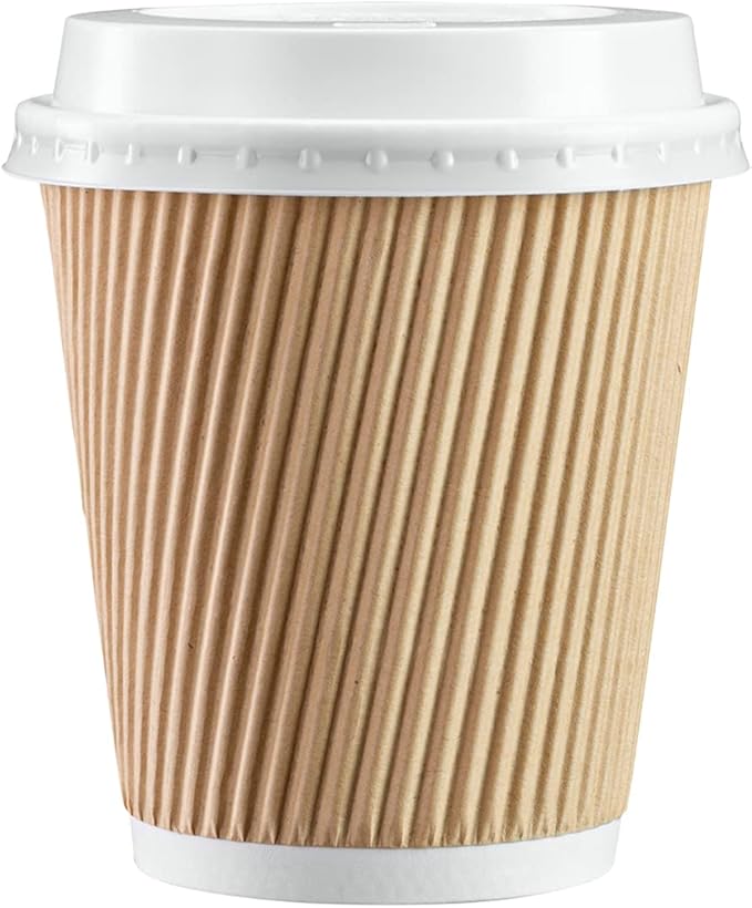 GUSTO Comfy Package [10 oz. - 50 Sets Insulated Kraft Ripple Paper Hot Cups, Disposable Coffee Cups With Lids - Ideal for Hot Beverages, Travel, and Office Use