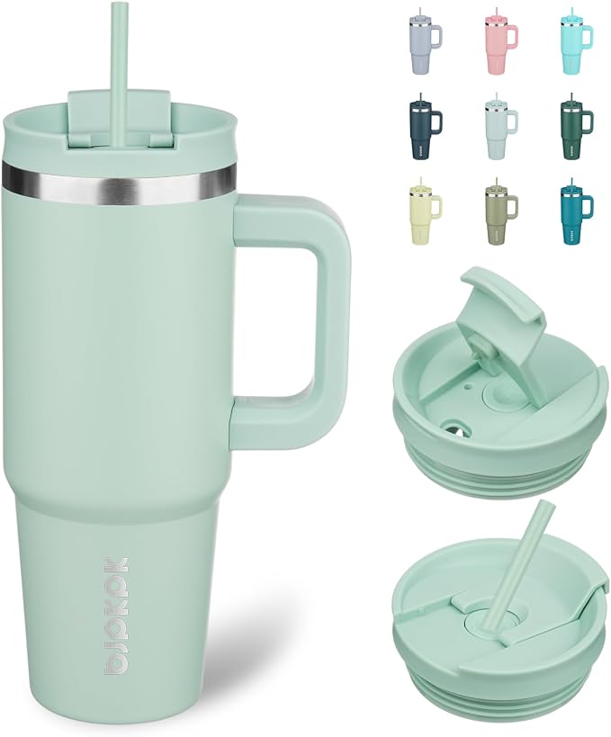 BJPKPK 30 oz Insulated Tumbler with Handle & Straw, Stainless Steel | Double Wall Vacuum Insulation, Leak Proof, BPA Free, Dishwasher Safe, Cupholder Friendly, Travel & Outdoor, Pistachio Green by BJPKPK
