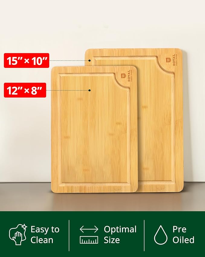 ROYAL CRAFT WOOD Wooden Cutting Boards for Kitchen Meal Prep & Serving - Bamboo Wood Serving Board Set with Deep Juice Groove Side Handles - Charcuterie & Chopping Butcher Block for Meat - Image 2