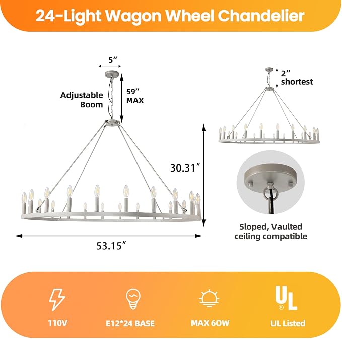 WJShome 24-Light Silver Wagon Wheel Chandelier Farmhouse, 54" Extra Large Chandeliers for High Ceilings, Rustic Round Chandeliers for Dinning Room, Kitchen Island, Entryway, Foyer, Living Room,Bedroom - Image 3