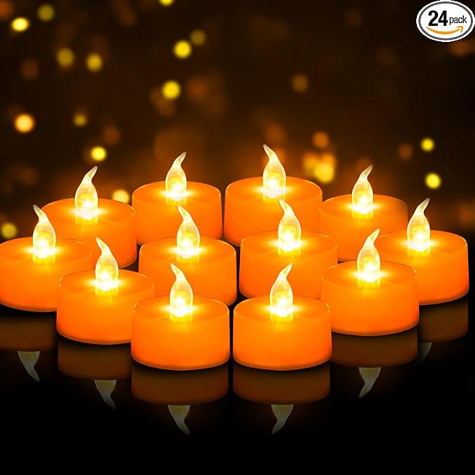 Tea Lights Battery Operated Candles LED Tea Lights Flameless Candles 200+ Hours Flickering Fake Tealights for Sweetest Day Wedding Home Decorations Party (Orange Base, 24 Pack) by Candlium