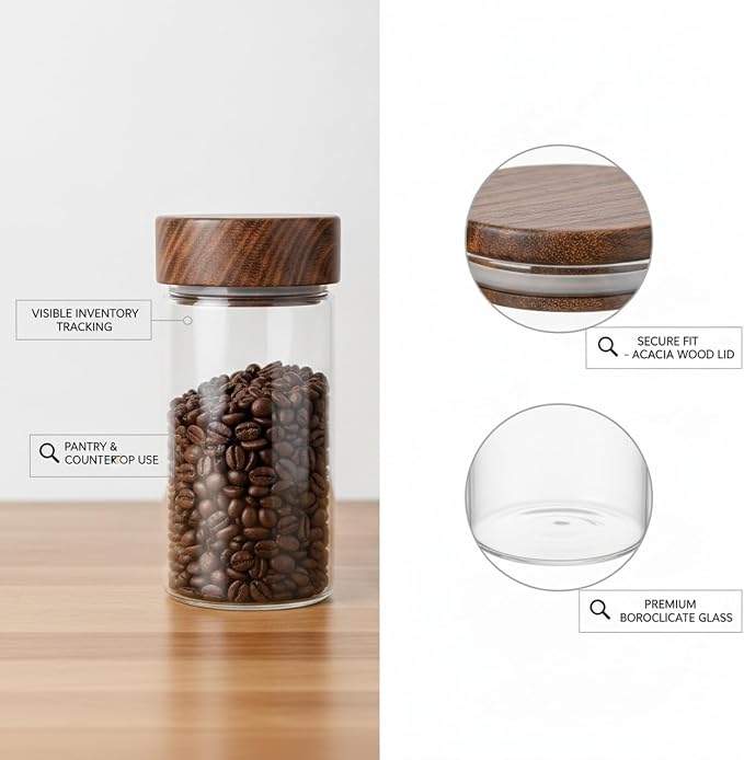 Glass Storage Jar with Acacia Wood Lid, Borosilicate Food Canister for Coffee Beans Tea Sugar Dry Pantry Staples (1 PC) - Image 6