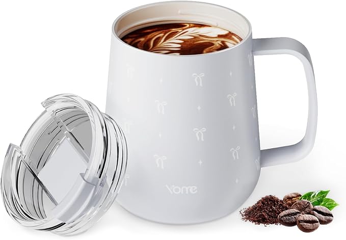 YOME 10oz Bow Grey Insulated Coffee Mug with Handle for Women | Ceramic Lined Coffee Mug with Splash-Resistant Lid| Pure Taste Stainless Steel Coffee Cup | Easy to Clean | Keeps Drinks Cold by KEEPCOOLSTAYYOU