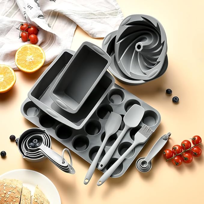 Baking Pans Set Non Stick, 18 PCS Silicone Bakeware Sets Non Toxic with Square/Round Cake Pan, Cupcake Molds, Spatula, Baking Brush and Measuring cups, Heat Resistant, Dishwasher Safe, Gray