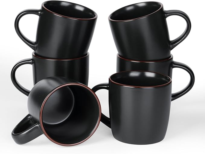 famiware Mercury Coffee Mugs 13 oz, Coffee Mugs Set of 6 with Handle, Ceramic Cups for Latte, Hot Tea, Cappuccino, Mocha, Cocoa, Matte Black by Famiware