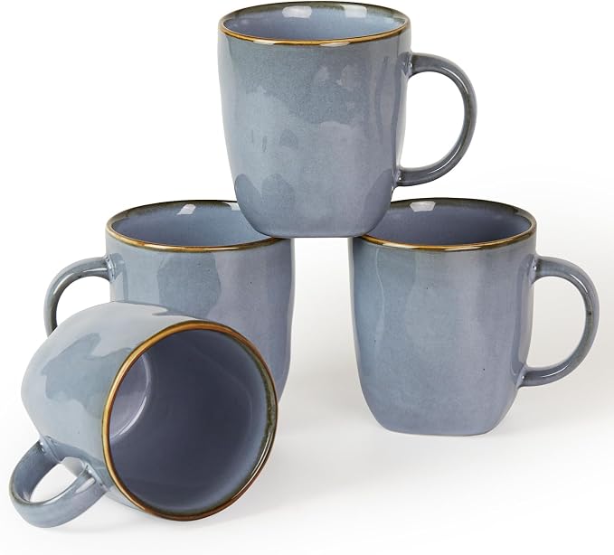 famiware Coffee Mugs Set of 4, Ocean Square 13oz Coffee Cup Set with Handle for Cocoa, Milk, Hot Chocolate, Tea, Water, Stoneware Cups for Kitchen, Microwave and Dishwasher Safe, Blue by Famiware
