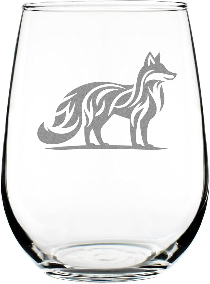 Tribal Fox 17oz Stemless Wine Glass, Hand Engraved Etched, Spirit Animal, Unique Woodland Creature Glassware by Make+Your+Mark+Design