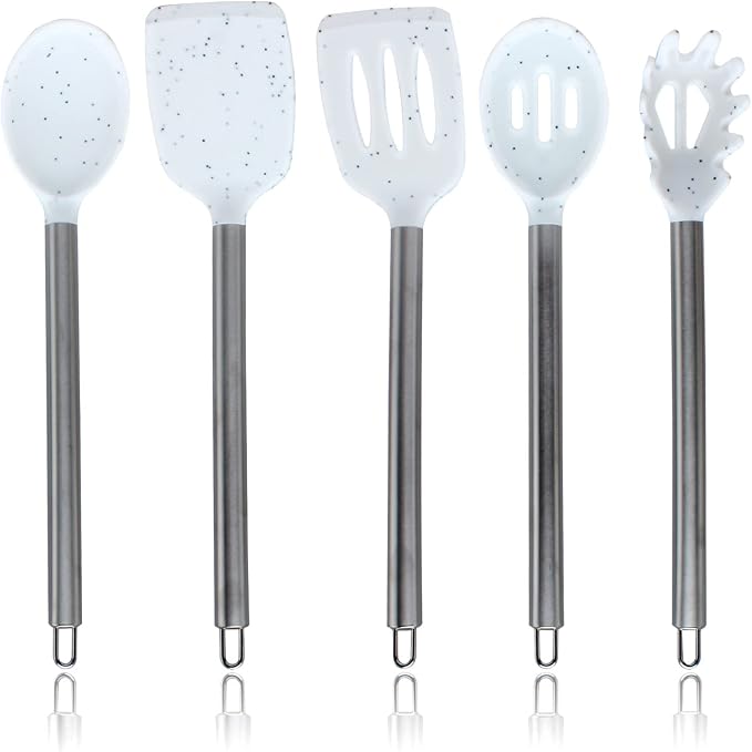 COOK WITH COLOR Silicone Cooking Utensils, Kitchen Utensil Set, Easy to Clean Silicone Kitchen Utensils, Cooking Utensils for Nonstick Cookware, Kitchen Gadgets Set, 5 Pieces, Speckled White by CookwithColor
