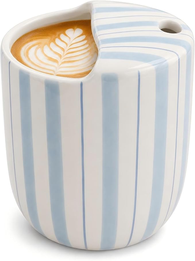 Ceramic Mug with Sip Hole 10 oz Light Blue Striped Ceramic Coffee Mug Hand Painted Travel Mugs Heat Resistant Non Slip Built in One Lid Handcraft Mugs for Coffee Lovers Appreciation Gift by Ferrochef