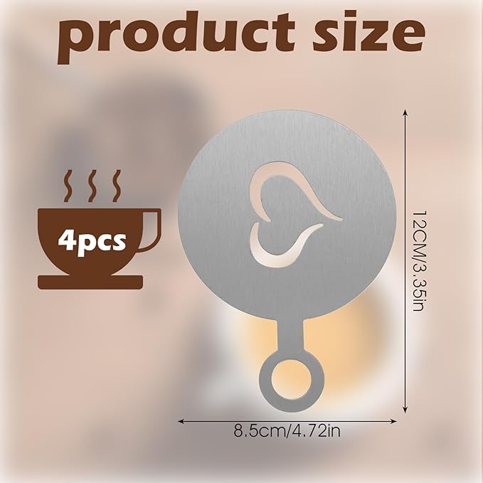 4 Pcs Coffee Stencils Latte Art,Coffee Stencils,Latte Art Stencil with Various Patterns for Cappuccino Lattes Cake Decorating Coffees Shop and Home Use(Silver)