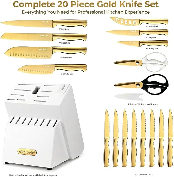 McCook® Kitchen Knife Sets, Golden Titanium Stainless Steel Knives Block Set with Built-in Sharpener, 20 Piece Knives, Restaurant Grade Sharp, Elegant Gold & Stylish Wooden Block for Modern Culinary | German Forged Stainless Steel,20 PC,Razor Sharp,Ant... - Image 2