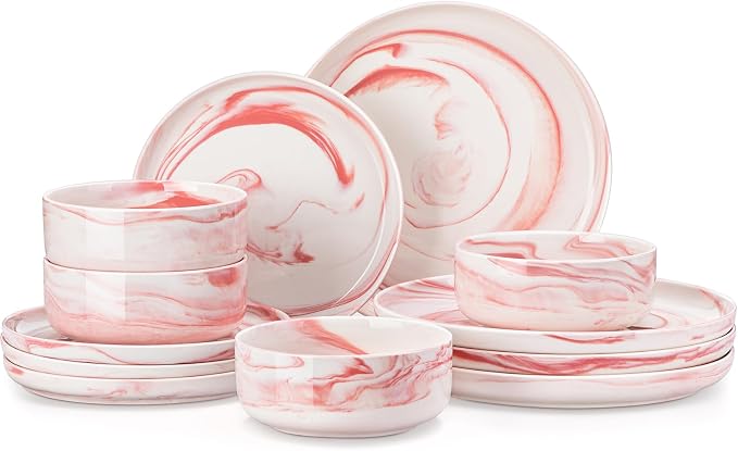 MALACASA 12 Pcs Porcelain Plates and Bowls Sets,Dinnerware Set for 4,Pink | Modern Ceramic Dishware Set,Kitchen Dining Ware,Microwave and Dishwasher Safe,Unique Marble Pink Design,Series LUNA by MALACASA