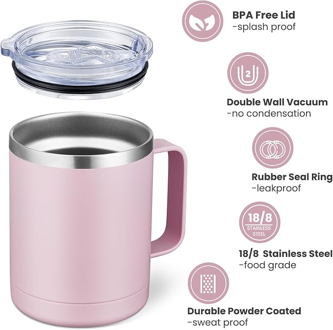 MEWAY 12oz Coffee Mug With Handle and Sliding Lid,Stainless Steel Travel Tumbler Cup with Handle,Double Wall Vacuum Insulated Camping Cup for Hot & Cold Drinks Tea (Pink,Set of 1) - Image 3