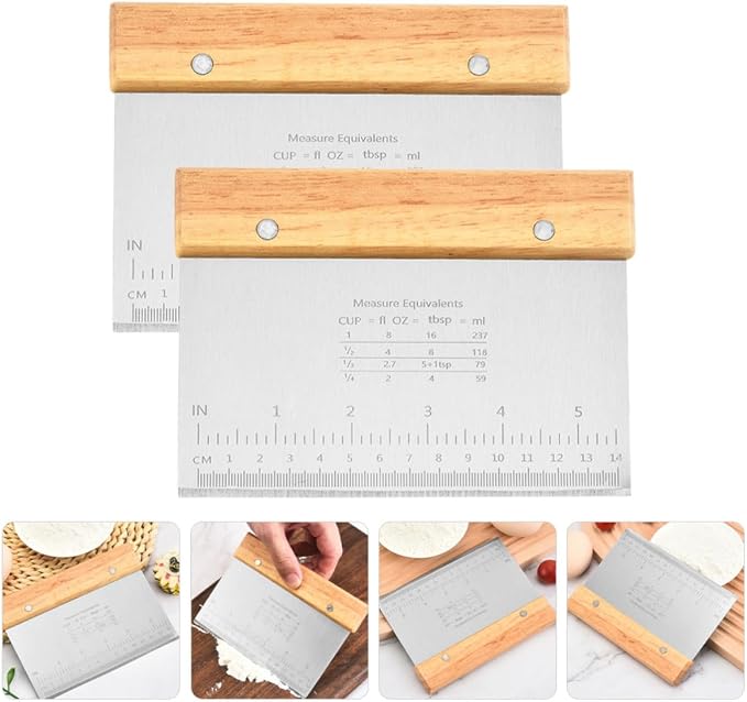 SHOWERORO 2pcs Handheld Dough Cutter Tool with Scale Stainless Steel and Wood Pastry Scraper for Easy Dough and Pizza Cutting, Multipurpose Kitchen Tool for Baking and Food Preparation - Image 6